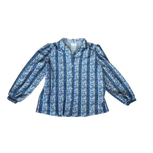 Vintage 80s The Pioneer Woman Blue Striped Floral Button Down Blouse Size L 40 - Picture 7 of 8